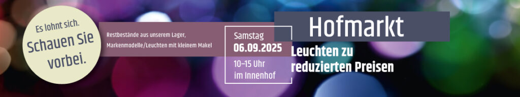Das Banner zeigt mit grafischen Elementen die Veranstaltung "Hofmarkt" im Lichthaus Ammon in Potsdam, wo es am 6. September 2025 Leuchten zu reduzierten Preisen zu erwerben gibt